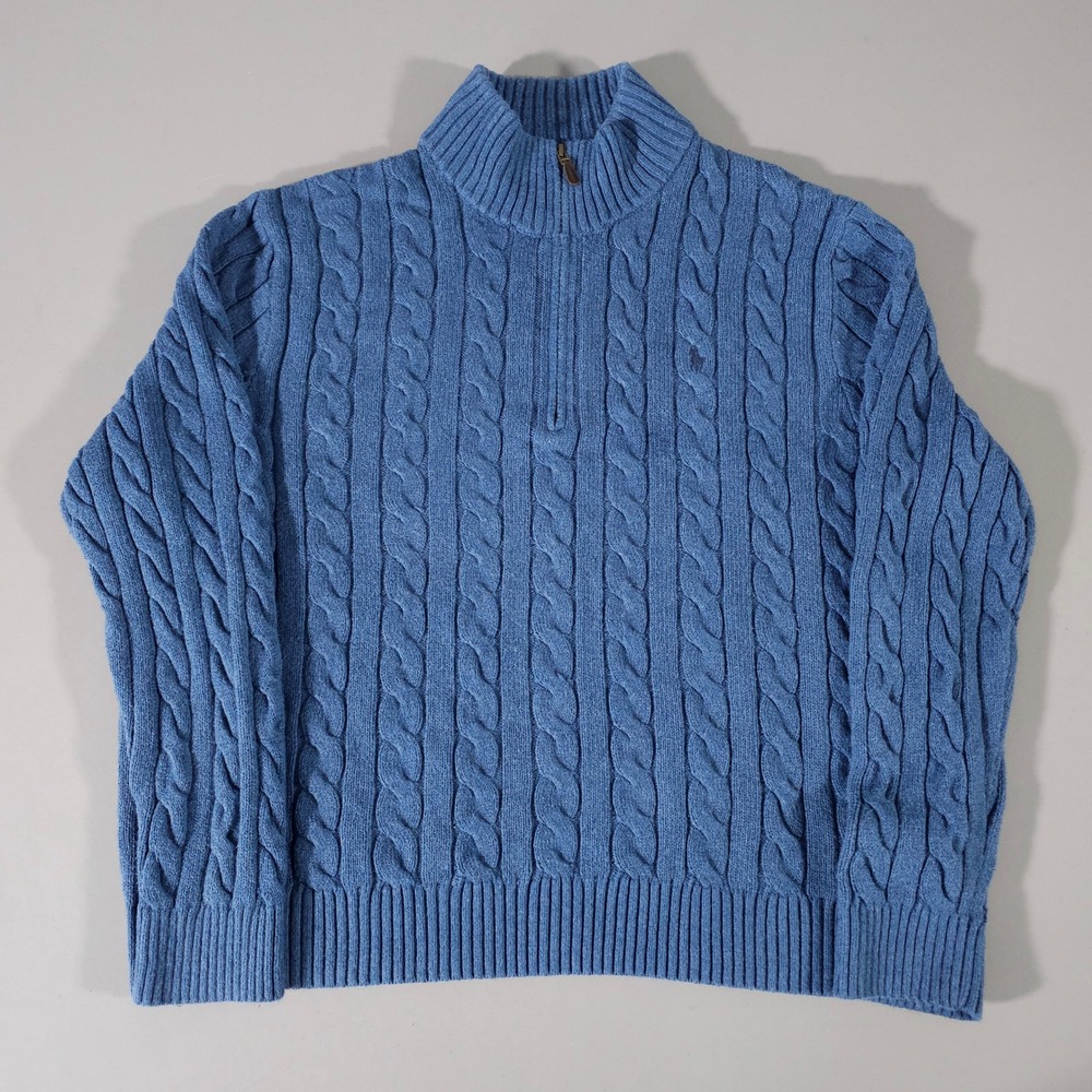 Polo Ralph Lauren Sweater Mens XXL Blue Cable Knit Quarter Zip Cotton
